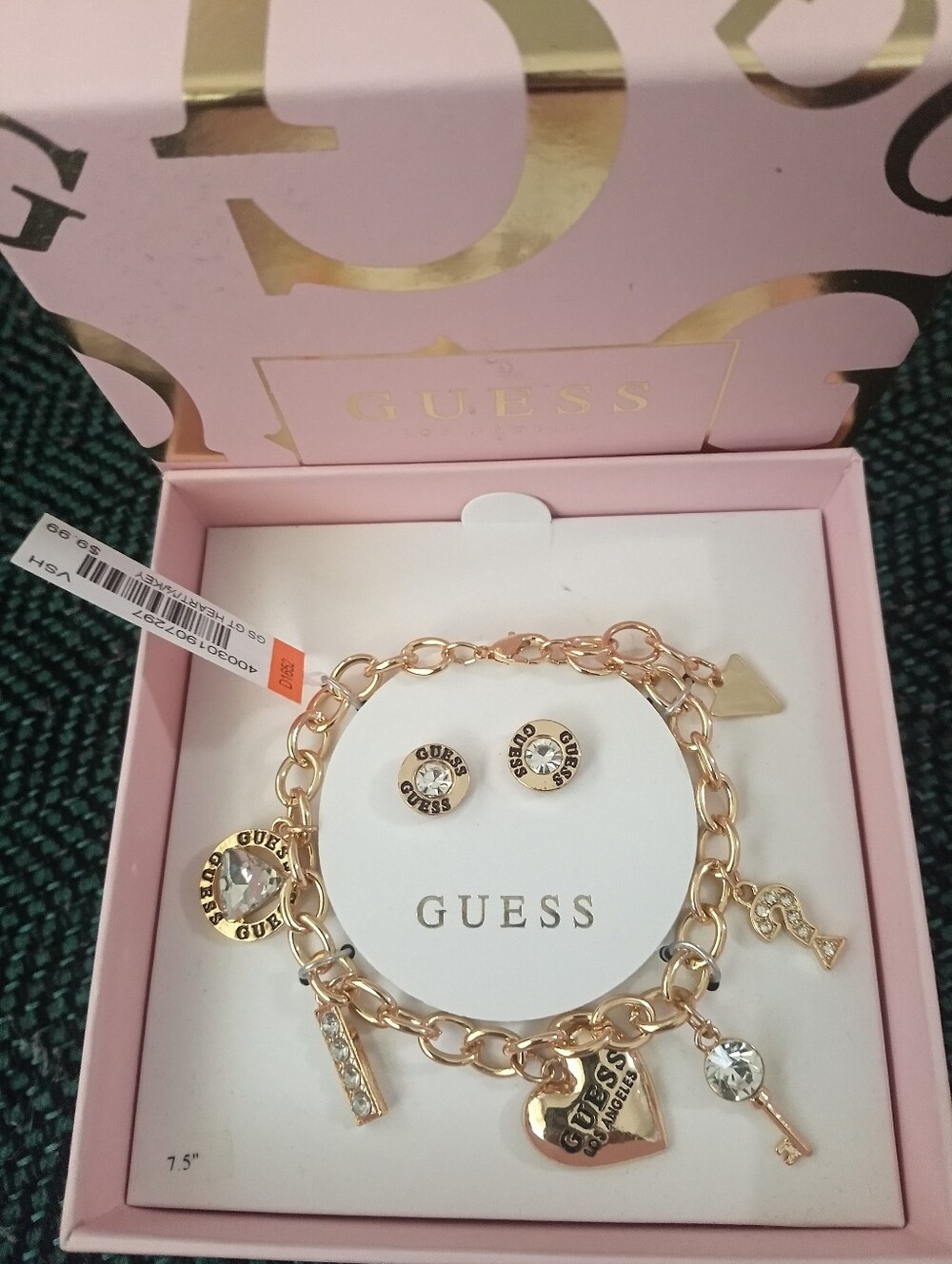 Guess Gold-Tone Charm Bracelet and Stud Earring Set